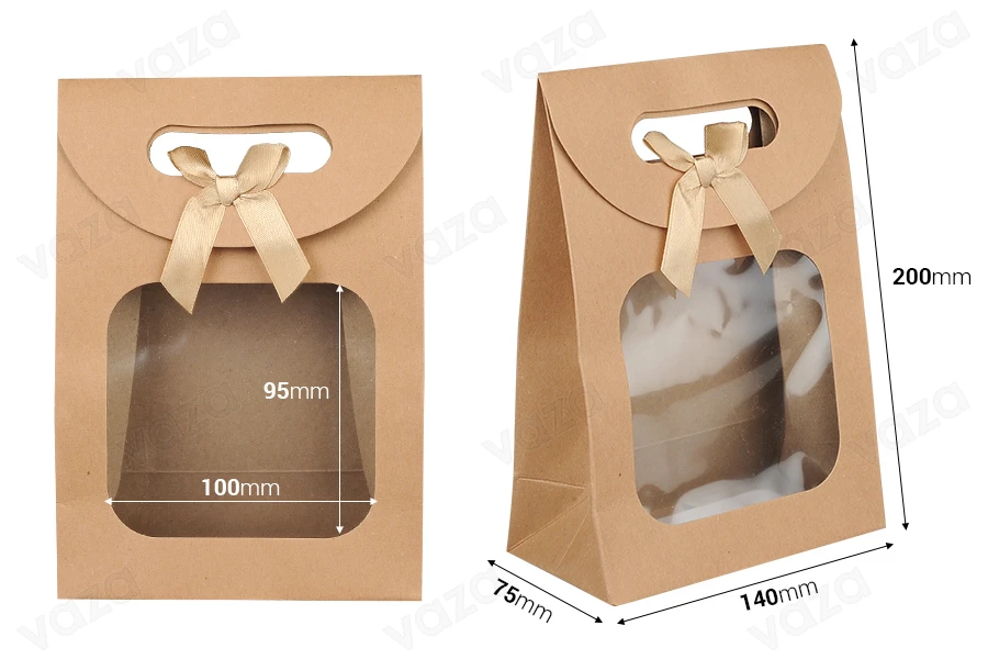 Kraft paper gift bag 140x75x200 mm with self-adhesive closure, window and bow - 12 pcs Kraft paper gift bag 140x75x200 mm with self-adhesive closure, window and bow - 12 pcs-image_dimensions