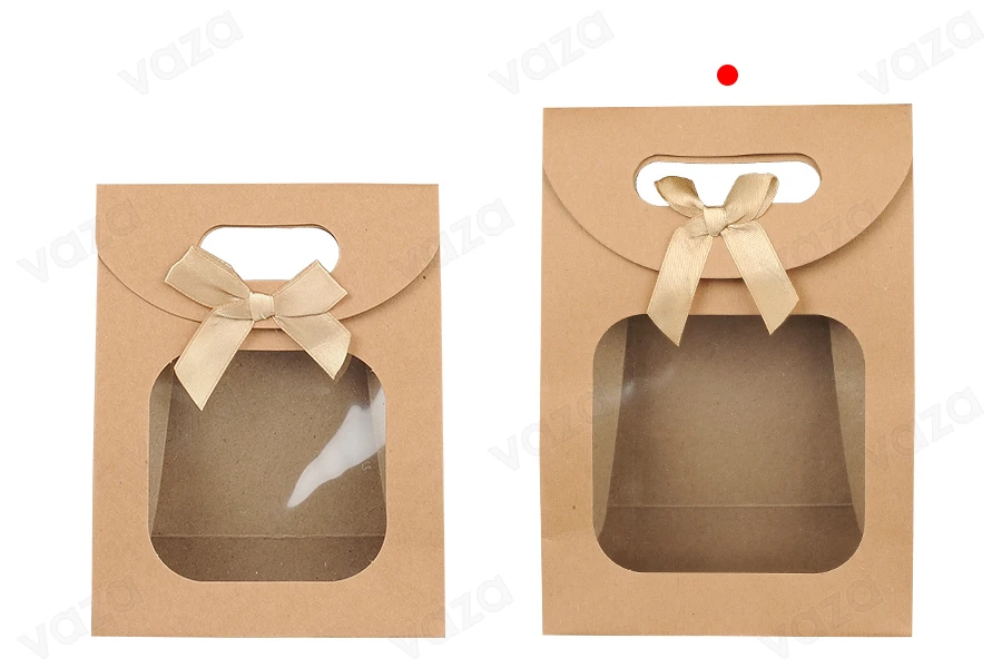 Kraft paper gift bag 140x75x200 mm with self-adhesive closure, window and bow - 12 pcs Kraft paper gift bag 140x75x200 mm with self-adhesive closure, window and bow - 12 pcs-image_group