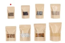 Σακουλάκια κραφτ τύπου Doy Pack 90x30x140 mm, με κλείσιμο zip, παράθυρο, εσωτερική και εξωτερική διάφανη επένδυση και δυνατότητα σφράγισης με θερμοκόλληση - 100 τμχ