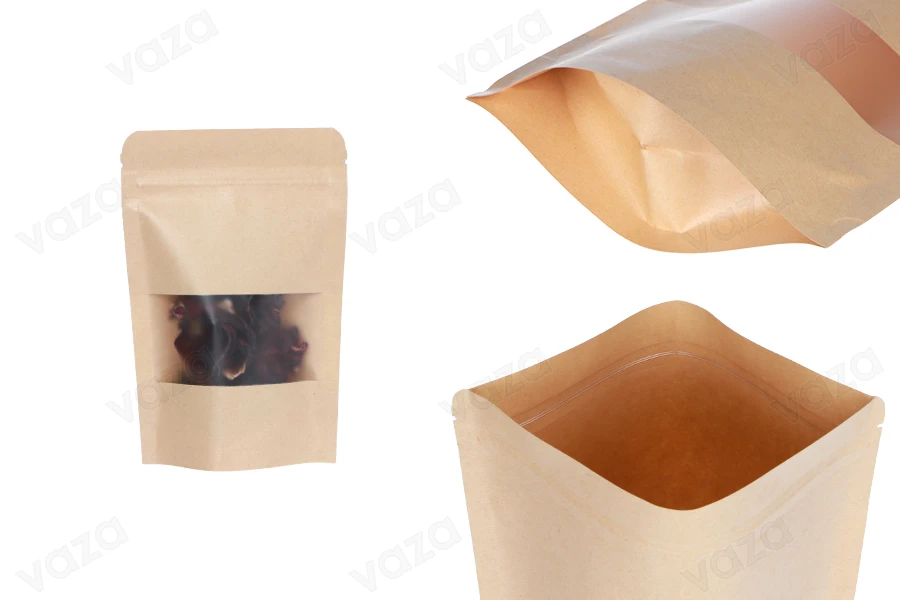 Σακουλάκια κραφτ τύπου Doy Pack 100x30x150 mm, με κλείσιμο zip, παράθυρο, εσωτερική και εξωτερική διάφανη επένδυση και δυνατότητα σφράγισης με θερμοκόλληση - 100 τμχ-εικόνα_προϊοντική
