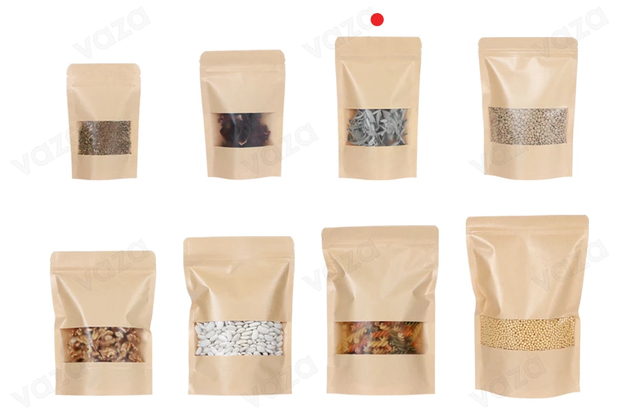 Doypack stand-up pouch kraft 120x40x200 mm with a zipper, window, a transparent inside and outside layer, also heat sealable - 100 pcs Doypack stand-up pouch kraft 120x40x200 mm with a zipper, window, a transparent inside and outside layer, also heat sealable - 100 pcs-εικόνα_σύνθεση