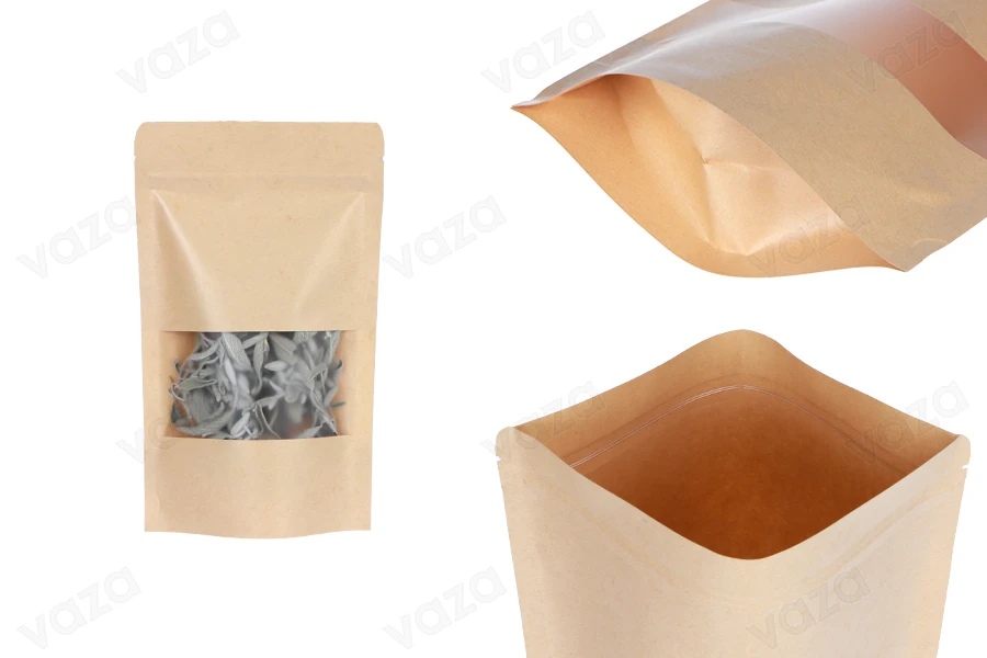 Doypack stand-up pouch kraft 120x40x200 mm with a zipper, window, a transparent inside and outside layer, also heat sealable - 100 pcs Doypack stand-up pouch kraft 120x40x200 mm with a zipper, window, a transparent inside and outside layer, also heat sealable - 100 pcs-εικόνα_προϊοντική
