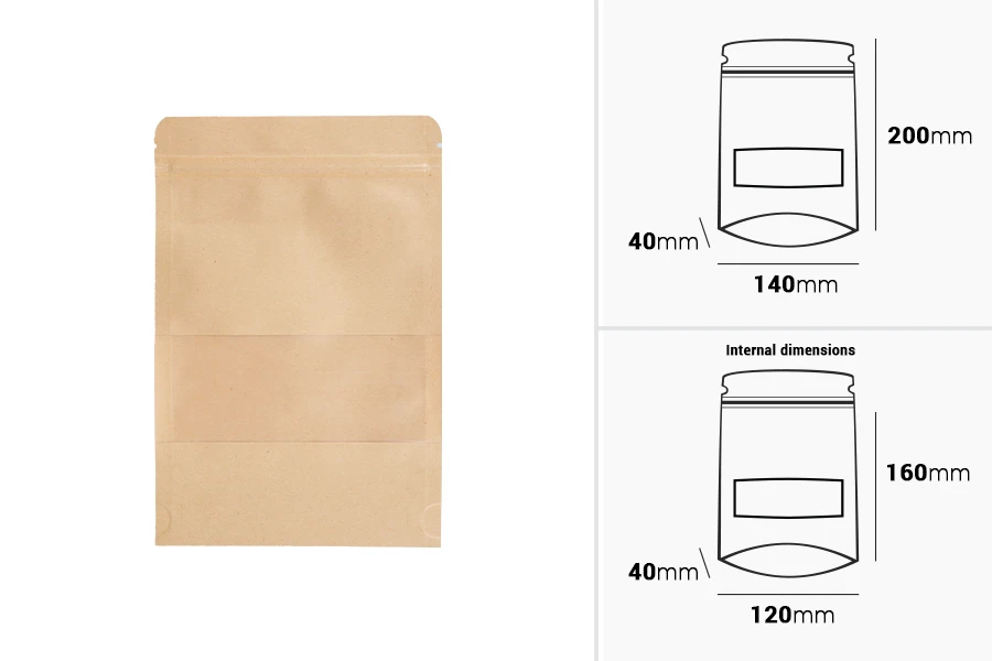 Σακουλάκια κραφτ τύπου Doy Pack 140x40x200 mm, με κλείσιμο zip, παράθυρο, εσωτερική και εξωτερική διάφανη επένδυση και δυνατότητα σφράγισης με θερμοκόλληση - 100 τμχ Σακουλάκια κραφτ τύπου Doy Pack 140x40x200 mm, με κλείσιμο zip, παράθυρο, εσωτερική και εξωτερική διάφανη επένδυση και δυνατότητα σφράγισης με θερμοκόλληση - 100 τμχ