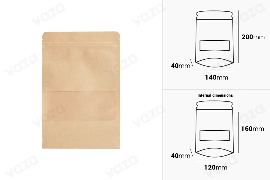 Σακουλάκια κραφτ τύπου Doy Pack 140x40x200 mm, με κλείσιμο zip, παράθυρο, εσωτερική και εξωτερική διάφανη επένδυση και δυνατότητα σφράγισης με θερμοκόλληση - 100 τμχ-εικόνα_διαστάσεις