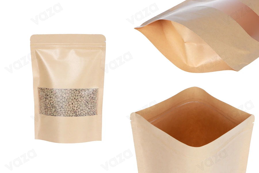 Σακουλάκια κραφτ τύπου Doy Pack 140x40x200 mm, με κλείσιμο zip, παράθυρο, εσωτερική και εξωτερική διάφανη επένδυση και δυνατότητα σφράγισης με θερμοκόλληση - 100 τμχ-εικόνα_προϊοντική