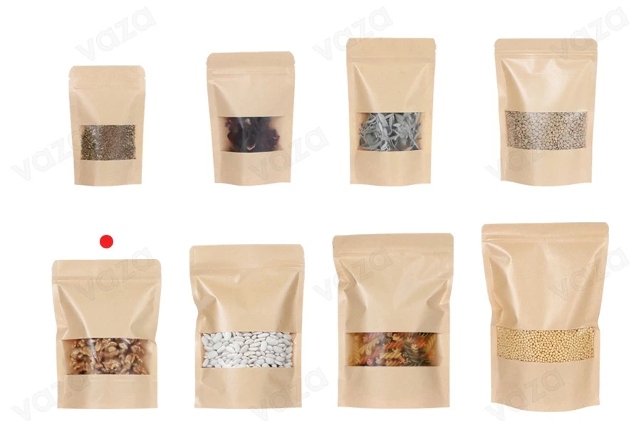 Σακουλάκια κραφτ τύπου Doy Pack 160x40x220 mm, με κλείσιμο zip, παράθυρο, εσωτερική και εξωτερική διάφανη επένδυση και δυνατότητα σφράγισης με θερμοκόλληση - 100 τμχ-εικόνα_σύνθεση