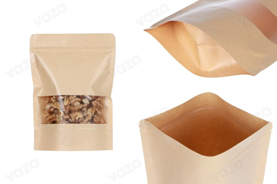 Σακουλάκια κραφτ τύπου Doy Pack 160x40x220 mm, με κλείσιμο zip, παράθυρο, εσωτερική και εξωτερική διάφανη επένδυση και δυνατότητα σφράγισης με θερμοκόλληση - 100 τμχ-εικόνα_προϊοντική