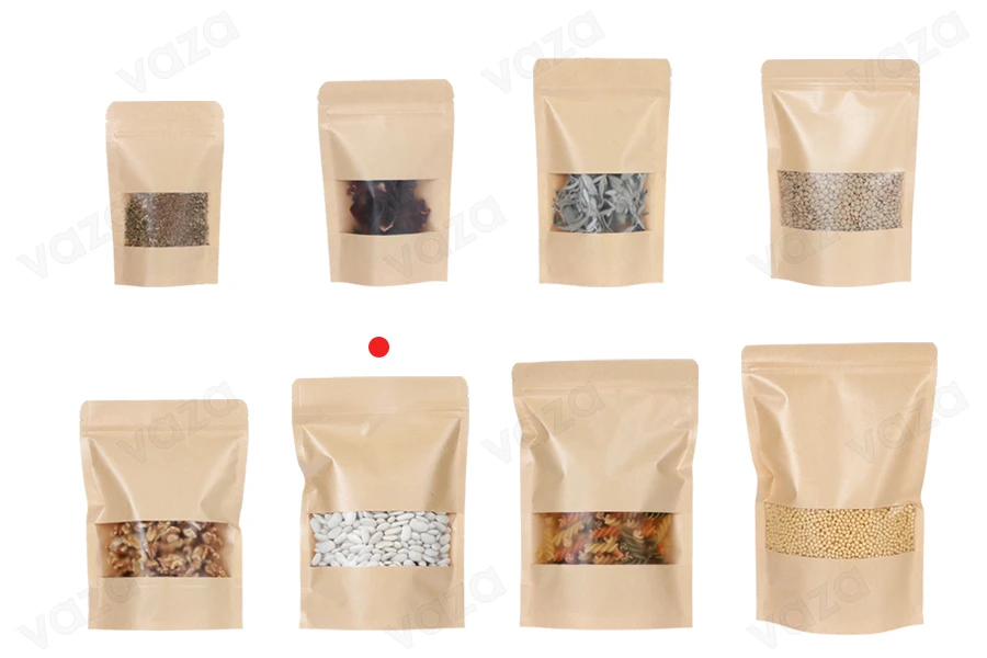 Σακουλάκια κραφτ τύπου Doy Pack 170x40x240 mm, με κλείσιμο zip, παράθυρο, εσωτερική και εξωτερική διάφανη επένδυση και δυνατότητα σφράγισης με θερμοκόλληση - 100 τμχ-εικόνα_σύνθεση