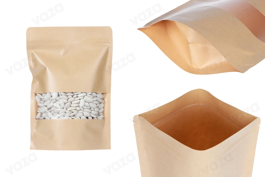 Σακουλάκια κραφτ τύπου Doy Pack 170x40x240 mm, με κλείσιμο zip, παράθυρο, εσωτερική και εξωτερική διάφανη επένδυση και δυνατότητα σφράγισης με θερμοκόλληση - 100 τμχ-εικόνα_προϊοντική