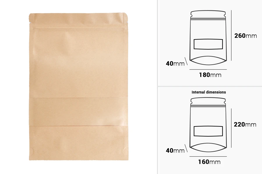 Σακουλάκια κραφτ τύπου Doy Pack 180x40x260 mm, με κλείσιμο zip, παράθυρο, εσωτερική και εξωτερική διάφανη επένδυση και δυνατότητα σφράγισης με θερμοκόλληση - 100 τμχ