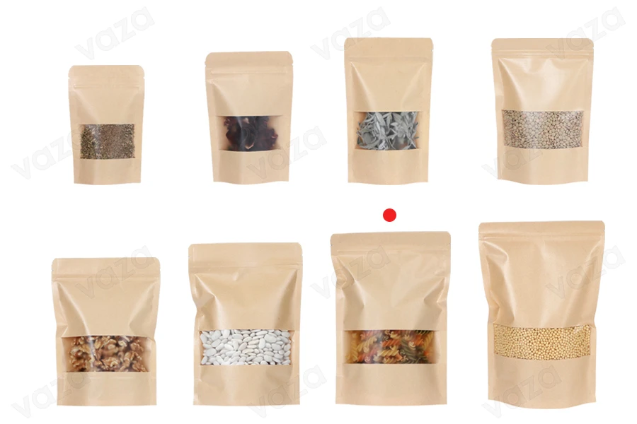 Doypack stand-up pouch kraft 180x40x260 mm with a zipper, window, a transparent inside and outside layer, also heat sealable - 100 pcs Doypack stand-up pouch kraft 180x40x260 mm with a zipper, window, a transparent inside and outside layer, also heat sealable - 100 pcs-image_group