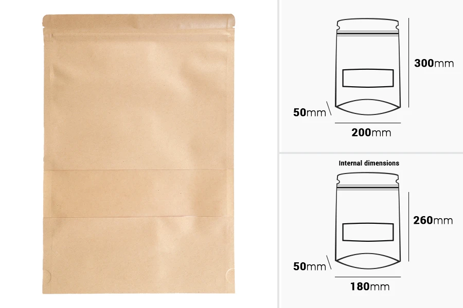 Σακουλάκια κραφτ τύπου Doy Pack 200x50x300 mm, με κλείσιμο zip, παράθυρο, εσωτερική και εξωτερική διάφανη επένδυση και δυνατότητα σφράγισης με θερμοκόλληση - 100 τμχ Σακουλάκια κραφτ τύπου Doy Pack 200x50x300 mm, με κλείσιμο zip, παράθυρο, εσωτερική και εξωτερική διάφανη επένδυση και δυνατότητα σφράγισης με θερμοκόλληση - 100 τμχ