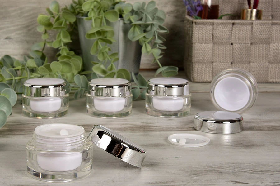 Kavanoz akrilik elegant 20 ml i rrumbullakët me tapë të brënshme në kapak dhe tapë plastike në kavanoz - 12 copë    -imazh_grup