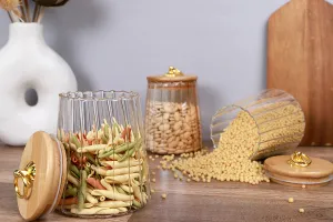 Βάζο γυάλινο 600 ml διάφανο με ξύλινο καπάκι, λάστιχο και χρυσό μεταλλικό κρίκο-3