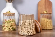 Βάζο γυάλινο 600 ml μπρονζέ με ξύλινο καπάκι, λάστιχο και χρυσό μεταλλικό κρίκο
