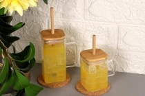 Glass jar 230 ml squared with wooden cap and hole for straw