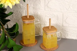 Glass jar 230 ml squared with wooden cap and hole for straw-6