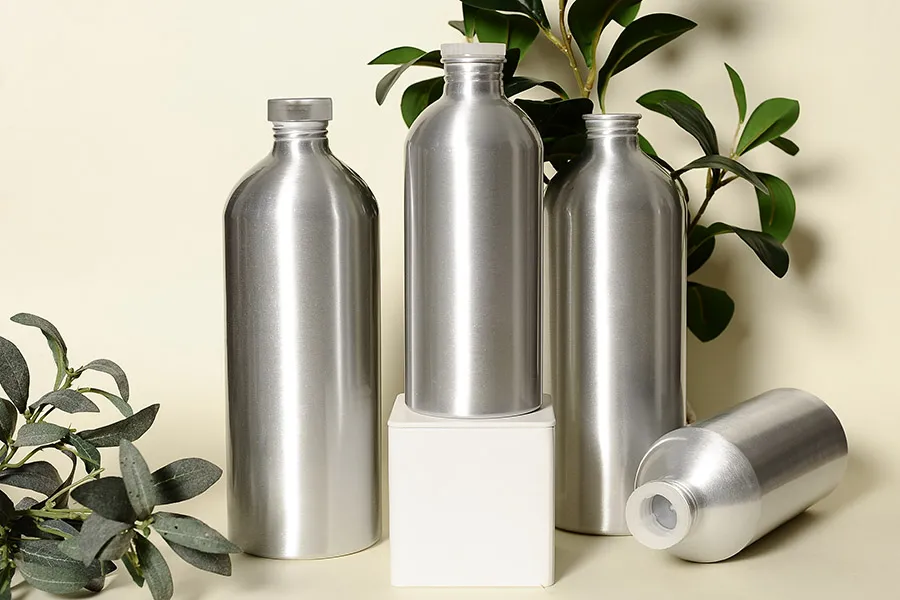 Flacone in alluminio da 1000 ml per la conservazione di essenze, profumi e soluzioni alcoliche con tappo a vite e coperchio in alluminio