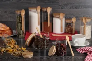 Pot rond en verre de 250ml 65 x 100 mm avec cuillère et couvercle en bois-6