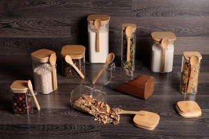 Βάζο 250 ml γυάλινο, τετράγωνο 60x100 mm με κουταλάκι και ξύλινο καπάκι-5