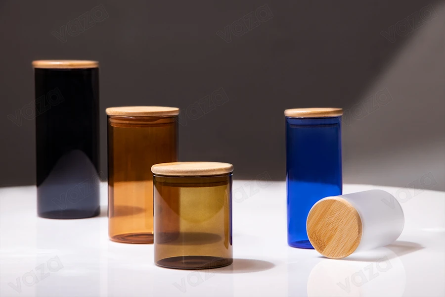 Βαζάκι γυάλινο 65x150 mm με ξύλινο καπάκι σε διάφορα χρώματα Βαζάκι γυάλινο 65x150 mm με ξύλινο καπάκι σε διάφορα χρώματα-εικόνα_σύνθεση