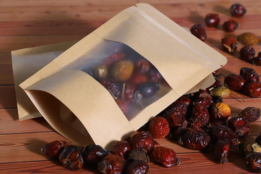Doypack stand-up pouch kraft with a zipper 80x30x130 mm, window, a transparent inside and outside layer, also heat sealable - 100 pcs
