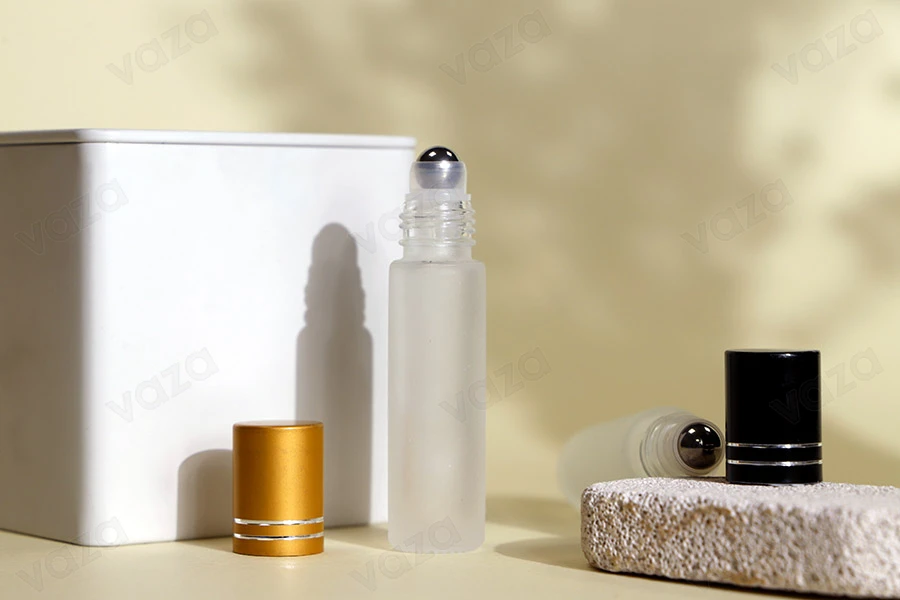 Roll on γυάλινο 10 ml αμμοβολής με μεταλλική μπίλια και καπάκι σε διαφορετικά χρώματα - 12 τμχ-εικόνα_σύνθεση