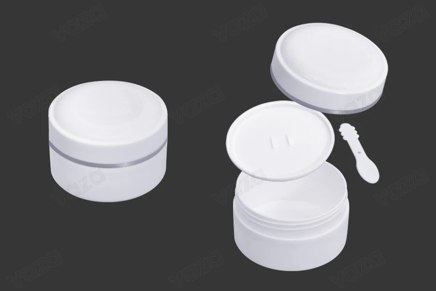 Kavanoz plastik (PP) 150 ml me ngjyrë të bardhë me kapak, lugë dhe tapë plastike - 12 copë Kavanoz plastik (PP) 150 ml me ngjyrë të bardhë me kapak, lugë dhe tapë plastike - 12 copë-imazh_produkt