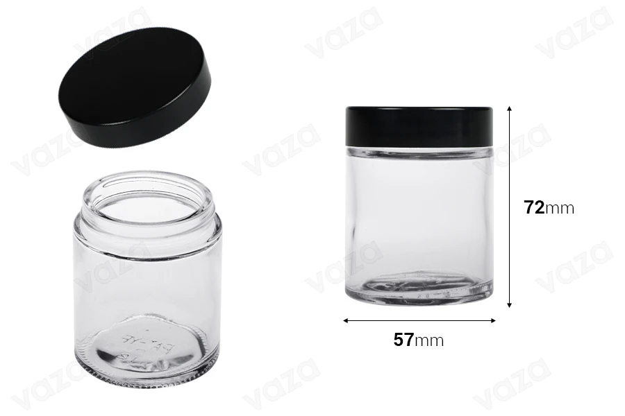 Barattolo di vetro 100 ml trasparente con coperchio in plastica nera (e sigillo interno sul coperchio) Barattolo di vetro 100 ml trasparente con coperchio in plastica nera (e sigillo interno sul coperchio)-εικόνα_διαστάσεις
