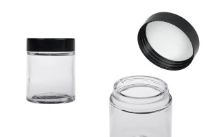 Glass jar 100 ml transparent with plastic black lid (and inner seal on the lid)-1