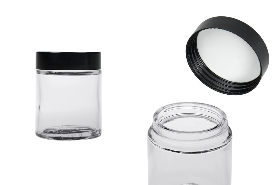 Bocal en verre transparent de 100 ml avec un couvercle en plastique noir (et un joint intérieur sur le couvercle)
