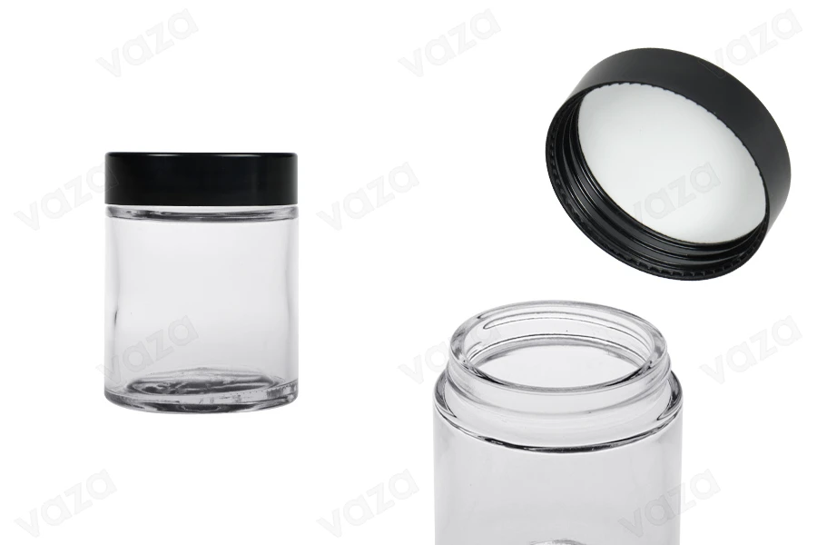 Barattolo di vetro 100 ml trasparente con coperchio in plastica nera (e sigillo interno sul coperchio) Barattolo di vetro 100 ml trasparente con coperchio in plastica nera (e sigillo interno sul coperchio)-εικόνα_προϊοντική