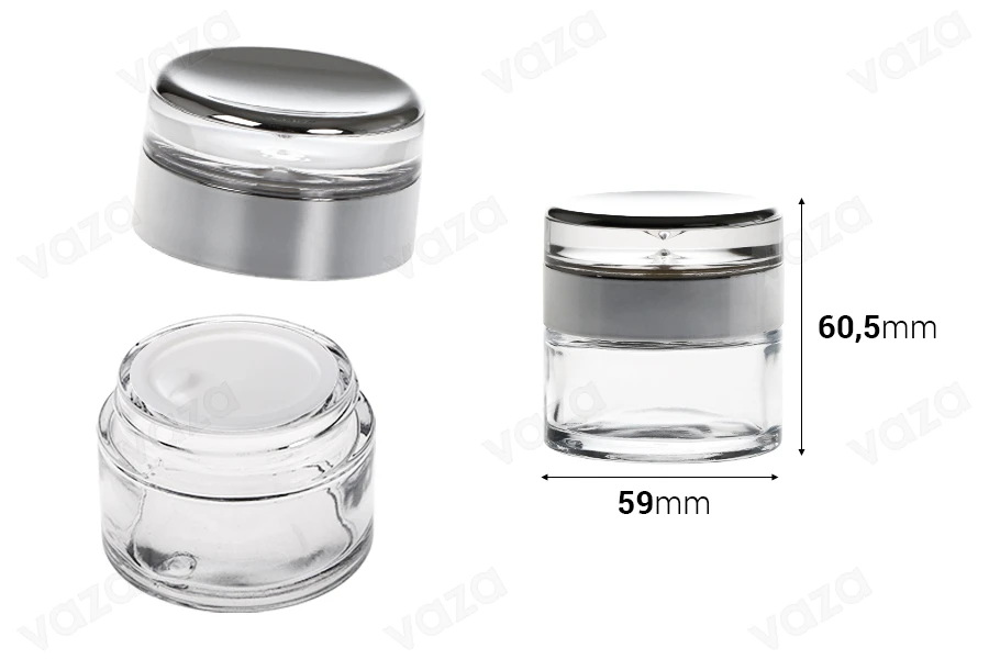 Βάζο για κρέμα 50 ml γυάλινο με καπάκι ακρυλικό πολυτελείας και πλαστικό παρέμβυσμα-εικόνα_διαστάσεις