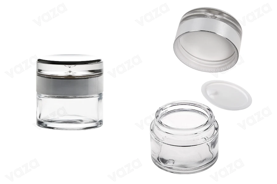 Βάζο για κρέμα 50 ml γυάλινο με καπάκι ακρυλικό πολυτελείας και πλαστικό παρέμβυσμα-εικόνα_προϊοντική