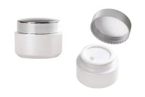 Βάζο 30 ml πλαστικό, λευκό περλέ με ασημί γυαλιστερό καπάκι, εσωτερικό παρέμβυσμα στο καπάκι και πλαστικό στο βάζο