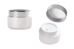 Acrylic 30ml pearl white cream jar with shiny silver cap, sealing disc and EPE liner inserted in the cap.-5