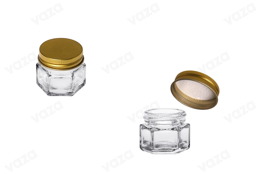 Βαζάκι γυάλινο 15 ml εξάγωνο με χρυσό καπάκι αλουμινίου (και εσωτερικό παρέμβυσμα στο καπάκι)-εικόνα_προϊοντική