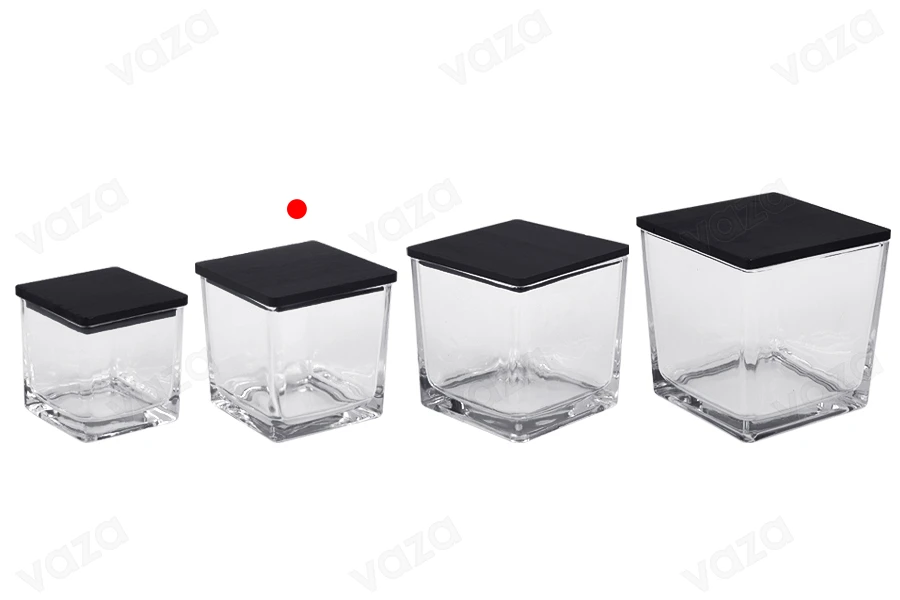 Γυάλινο διακοσμητικό τετράγωνο βάζο 320 ml 80x80x80 mm με ξύλινο καπάκι για κερί-εικόνα_σύνθεση
