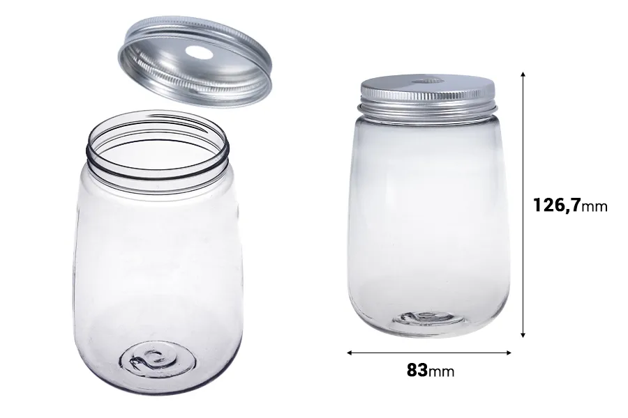 Bocal en plastique (PET) 500 ml transparent avec bouchon, idéal pour lait, jus, boissons - lot de 6 pièces