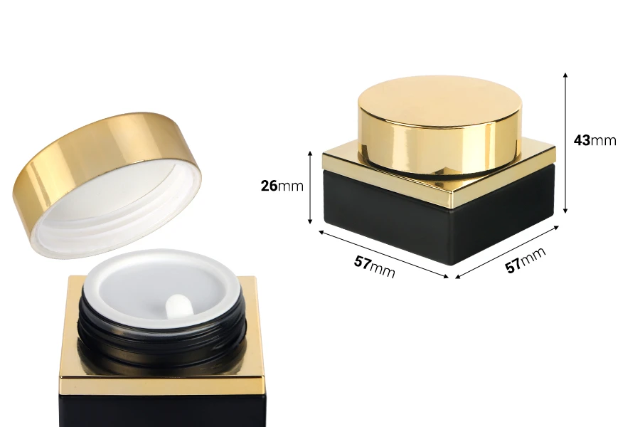 Glass luxury jar 30 ml in black matte color for cosmetic use with gold cap and plastic gasket