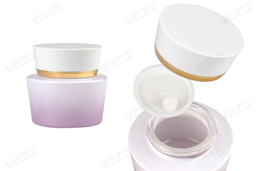 Γυάλινο βάζο 50 ml πολυτελείας σε μωβ λευκό χρώμα για κρέμα με ακρυλικό καπάκι και πλαστικό παρέμβυσμα Γυάλινο βάζο 50 ml πολυτελείας σε μωβ λευκό χρώμα για κρέμα με ακρυλικό καπάκι και πλαστικό παρέμβυσμα-εικόνα_προϊοντική