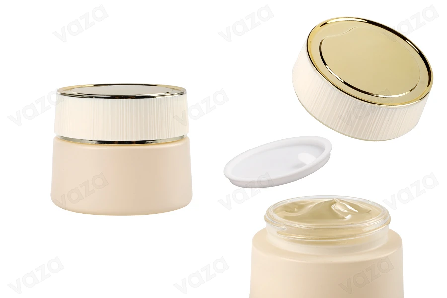 Kavanoz qelqi luksoz 50 ml në ngjyrë bezhë mat për krem me kapak dhe tapë plastike-imazh_produkt