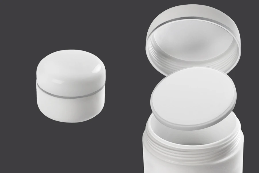 50ml double wall plastic cream jar with sealing disc and silver stripe on the cap – available in a package with 12 pcs