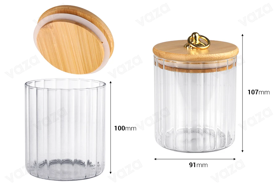 Glass cylindrical jar 500 ml clear with wooden cap, rubber and gold metal ring-εικόνα_διαστάσεις