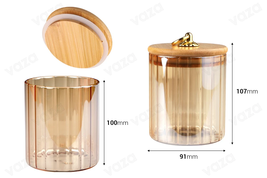 Bocal cylindrique en verre 500 ml bronze avec couvercle en bois, caoutchouc et anneau métallique doré Bocal cylindrique en verre 500 ml bronze avec couvercle en bois, caoutchouc et anneau métallique doré-photo_dimensions