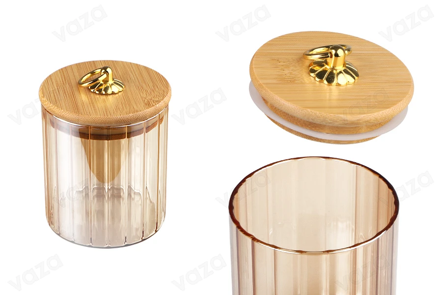 Bocal cylindrique en verre 500 ml bronze avec couvercle en bois, caoutchouc et anneau métallique doré Bocal cylindrique en verre 500 ml bronze avec couvercle en bois, caoutchouc et anneau métallique doré-photo_produit