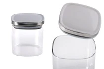 Glass jar 350 ml in square shape with silver cap and rubber Glass jar 350 ml in square shape with silver cap and rubber