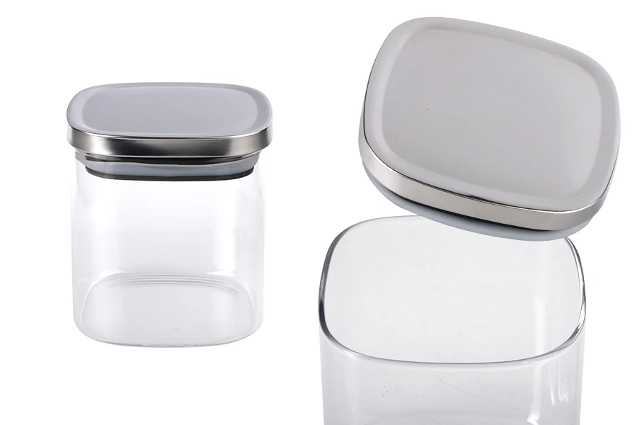 Glass jar 350 ml in square shape with silver cap and rubber Glass jar 350 ml in square shape with silver cap and rubber