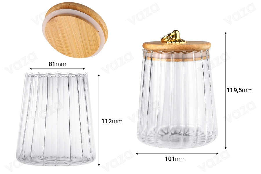 Βάζο γυάλινο 600 ml διάφανο με ξύλινο καπάκι, λάστιχο και χρυσό μεταλλικό κρίκο Βάζο γυάλινο 600 ml διάφανο με ξύλινο καπάκι, λάστιχο και χρυσό μεταλλικό κρίκο-εικόνα_διαστάσεις