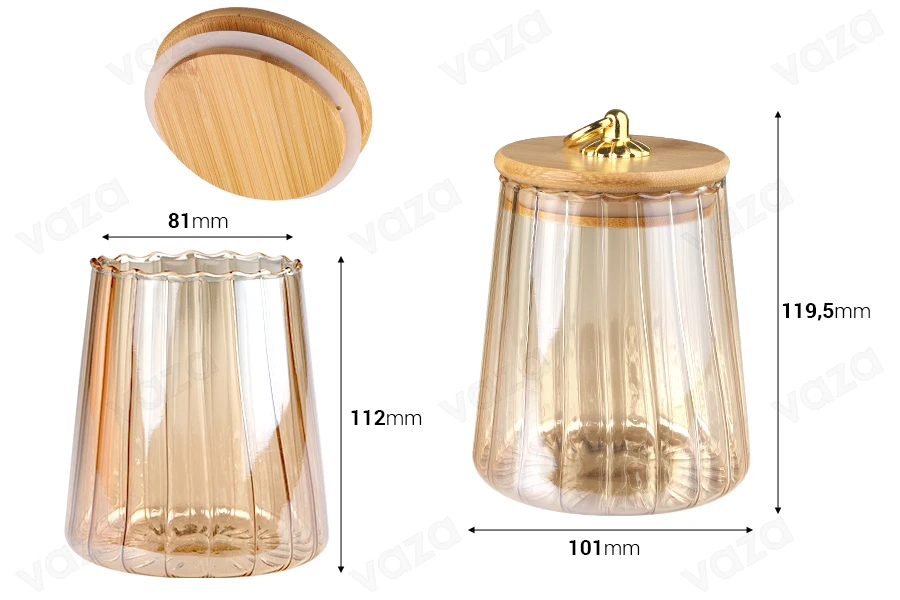 Glass jar 600 ml bronze with wooden cap, rubber and gold metal ring-εικόνα_διαστάσεις